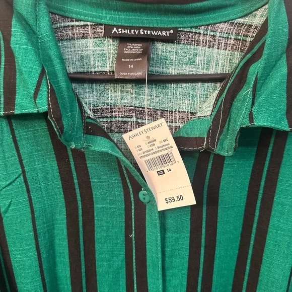 NEW ASHLEY STEWART LINEN BLEND STRIPPED GREEN/ BLACK SIZE 14 - Picture 5 of 7